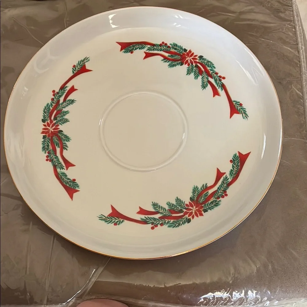 Vintage Tienshan Festive Holiday Poinsetta Ribbons Chip & Dip Set